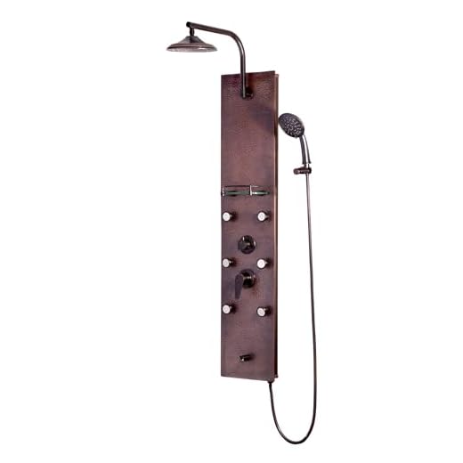 PULSE ShowerSpas 1041 Sedona ShowerSpa Panel with 8" Rain Showerhead, 6 Body Spray Jets, 5-Function Hand Shower, Glass Shelf, Tub Spout, Hammered Copper with Oil-Rubbed Bronze Fixtures