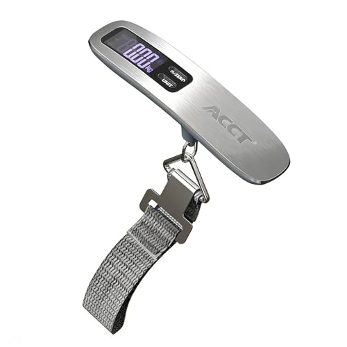 ACCT Báscula digital portátil para equipaje, capacidad de 50 kg, pantalla retroiluminada, acero inoxidable, incluye cable USB y batería