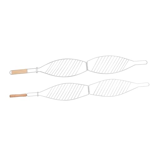 ifundom Fish Barbecue Clip Wooden Handle 2pcs Grill Basket Round Net Rack Wire Frame for Outdoor Grilling