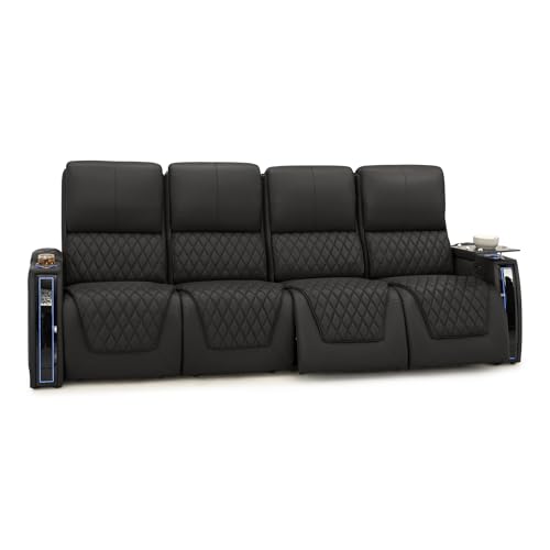 Image of Seatcraft Apex Black Italian Leather Home Theater Seating, Zero Gravity Power Recliner, Powered Headrest and Lumbar Gaming and Home Office Chair, Lounge Sofa Furniture for Cinema Room, Row of 4 Sofa