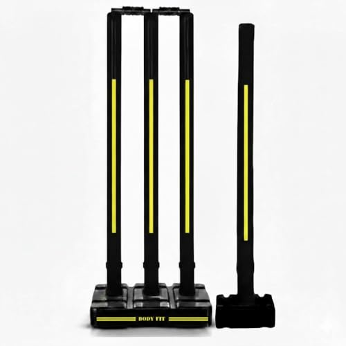 Image of Bodyfit Heavy Cricket Stumps | PVC Wickets Set, 4 Stumps + 2 Bails + 2 Stands | Full Size Wickets for Cricket Ground, Tournament Wicket Black. (Black-Yello)