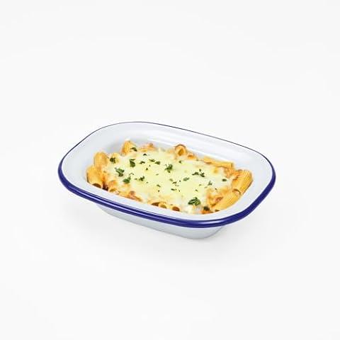 WINSOME White Enamel Pie Dish with Blue Rim Cover