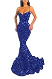 Mermaid Sequin Trumpet Prom Dresses Long 2025 Glitter Spaghetti Formal Dresses for Women Elegant V-Neck Bodycon Backless Party Evening Gowns Royal Blue 12