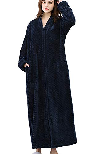 Housecoats for Women Winter Robes Long Fleece Plush Robe Warm Bathrobe Zipper Robe Navy Blue