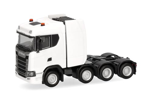 Herpa Camion Miniature Scania CS 20 ND Tracteur Lourd 4 essieux, Blanc, Miniature à l’échelle 1:87, Objet de Collection, Made in Germany, Plastique