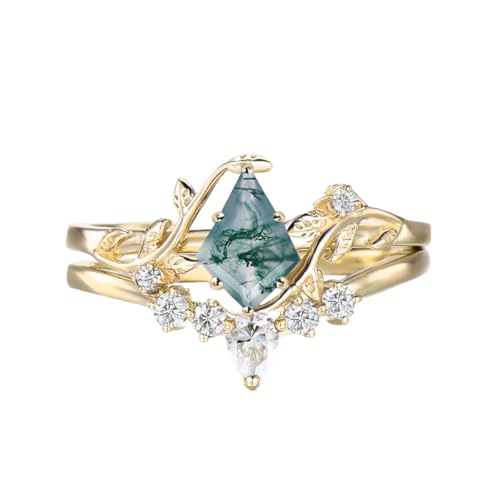 1-5ct Gemstone and Moissanite Wedding Ring Sets for Women 10K 14K 18K Solid Gold Kite Cut Birthstone Gemstone Bridal Ring Set Art Deco Vine Leaf Engagement Ring Sets 2pcs Free Engraved4