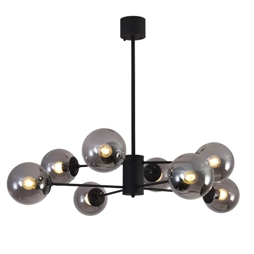 KCO Lighting 北欧モダン シャンデリア ペンダントライト 8灯 シーリング マルチアーム E26口金 高さ調節可能 調光対応 延長ロッド付き LEＤ対応 おしゃれ 天井照明 照明器具 インテリア ダイニング リビング キッチン 電球別売り (ブラック＋スモークグレー)