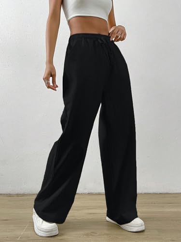 Image of TOPLOT Women's Linen Blend Wide Leg Palazzo Pants | Elastic Drawstring Waist Trousers for Woman | Relaxed Fit Casual Lounge Trousers | Breathable Straight Leg Everyday Bottom Wear (5268)