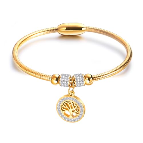 ATEIELLI Pulsera árbol de la vida de acero inoxidable con circonita cierre magnético para mujer 18 cm JWB155, M, Acero inoxidable, Circonita cúbica