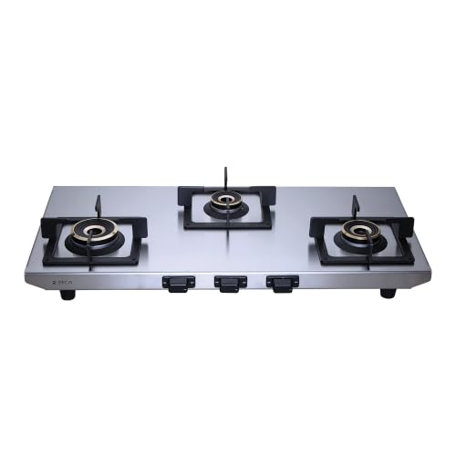 Image of Elica 3 Burner 2mm Stainless Steel Gas Stove | INOX HD 3B 77 SG | 77cm Wide Layout, Forged Brass Burners - 1 Jumbo 1 Medium & 1 Small Burner, Square Grid Pan Support, 2 Yr Warranty