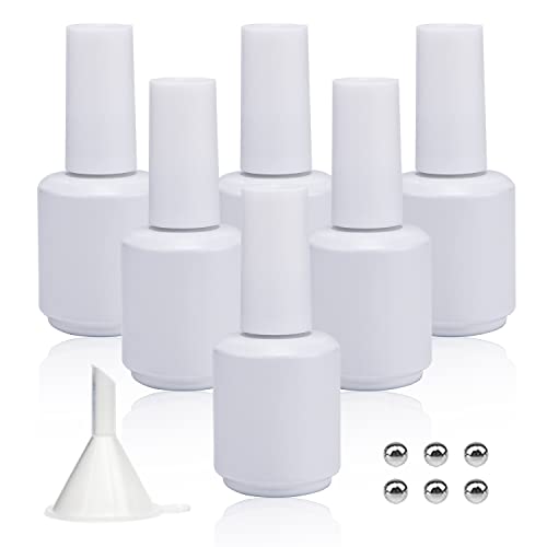 Empty Gel Nail Polish Bottles, Empty Nail Polish Bottles 15ML, Opaque Round Glass Refillable Fingernail Polish Bottles UV Safe with Mixing Balls & Funnels, Pack of 6 (Matte White)