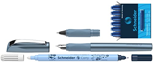Schneider 74863 Ceod Shiny Schreibset mit Füller, Tintenroller, Tintenkiller (Rechts- und Linkshänder, M-Feder, inkl. Tintenpatronen königsblau) pacific blue, 9-teiliges Set, 1 Stück (1er Pack)