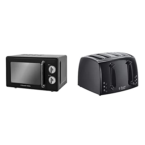 Russell Hobbs RHRETMM705B 17 L 700 W Black Compact Retro Solo Manual Microwave with 5 Power Levels, Timer, Defrost Setting, Easy Clean & 21651 Textures 4-Slice Toaster 21651-Black, Plastic, Black