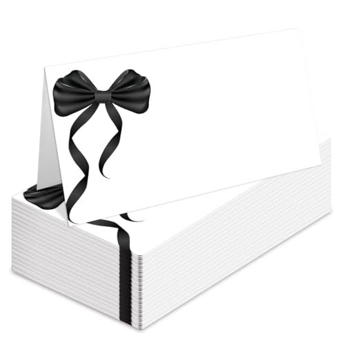 25 Pack Black Bow Table Place Cards for Wedding Birthday Party, Bow Filled-In Name Place Cards, Foldover Seating Table Cards (Folds into 3.5 * 2 Inches)-B03
