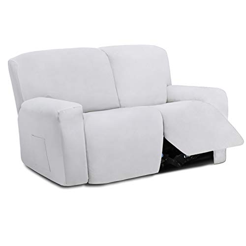 Image of Easy-Going 6 Pieces Microfiber Stretch Sectional Recliner Sofa Slipcover Soft Fitted Fleece 2 Seats Couch Cover Washable Furniture Protector with Elasticity for Kids Pet(Recliner Loveseat,Snow White)