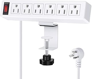 HHSOET Desk Power Strip with Switches, Clamp Outlet Strip Surge Protector, Clip on 1.7 inch Desktop Edge with 6 Outlet, Mountable Desk Outlet Removable Power Plugs, 6FT Extension Cord. (White)