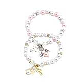 BESPORTBLE Pulsera Elástica para Mujer 2 Piezas Cruz Hueca y Cuentas Blancas y Rosa Perla, Joyas de Muñeca Delicadas para Uso Diario y Obsequio Religioso de Bautizo Color Color Aleatorio