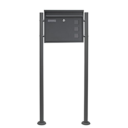 Wiltec Set Briefkasten V12 Anthrazit 360 x 115 x 320 mm mit Ständer, Wandbriefkasten mit Schloss, Sichtfenstern und Namensschild, Postkasten aus Stahl galvanisiert