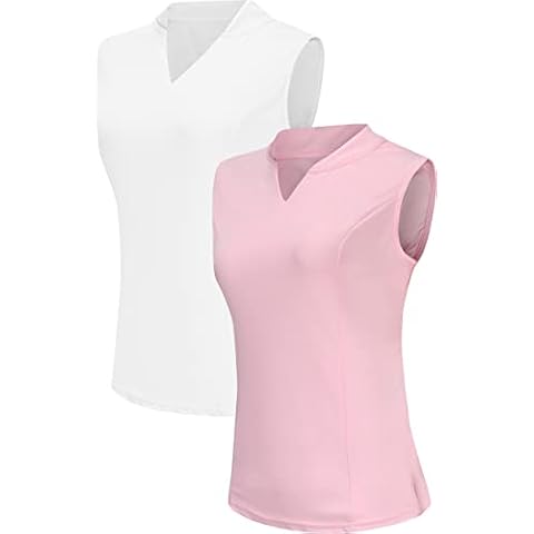 TrendiMax Women's 2 Pack Sleeveless Golf Polo Shirts V Neck Quick Dry Workout Tennis Tank Top, Pink & White 2 Pieces, S Cover
