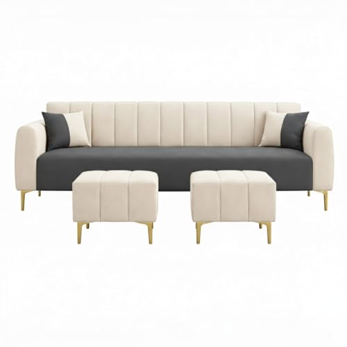Image of Habibi 5 Seater L Shape Sofa Set with 2 Movable Ottomans | Flexible Layout | Rich Velvet Suede Fabric | Silver Legs | Dual Tone Modern Sofa for Living Room (Dark Grey-Cream)
