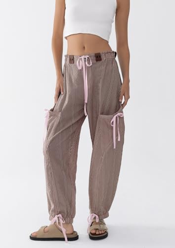 Women Striped Barrel Pants Drawstring Casual Baggy Boyfriend Y2K Streetwear Parachute Pants with Pockets3