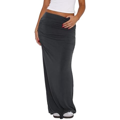 Hafailia Maxi Skirts for Women - Casual Ruched Y2K Low Rise Elastic Waist Long Bodycon Skirt 2024 Dark Grey S Cover