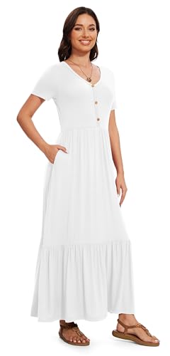 Image of VIISHOW Women's Short Sleeve Maxi Dress 2026 Summer V Neck Knit Loose Plain Empire Waist Casual Dresses with Pockets