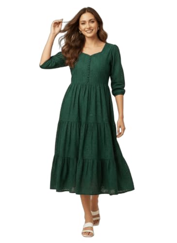 Image of Her Couture Cotton Midi Schiffli Embroidered Dress with Attached Belt