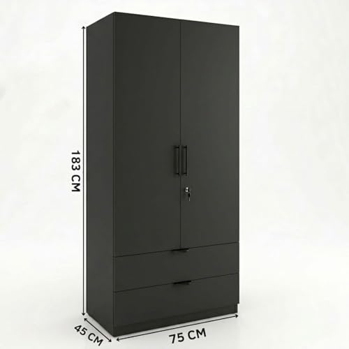 Image of FFO Keris 2 Door Wardrobe with 2 Drawers, Hanging Rod & Storage Shelves | Modern Clothes Almirah Cabinet with Lock & Black Handles for Home Black DIY.