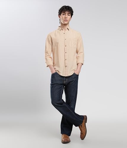 Image of TURMS Men's Casual Striped Linen Shirt | Water Repellent | Anti Stain Anti Odor | Kansas Linen | Concealed Button Down Collar | Full Sleeves