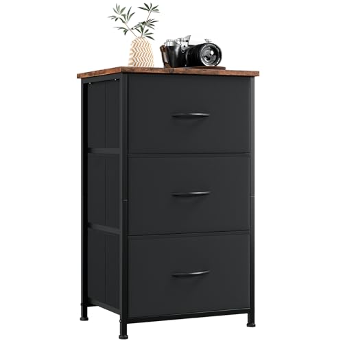 Somdot Small Dresser for Bedroom with 3 Drawers, Nightstand Storage Chest of Drawers with Removable Fabric Bins for Closet Bedside Living Room Laundry Entryway Hallway, Black Rustic Brown