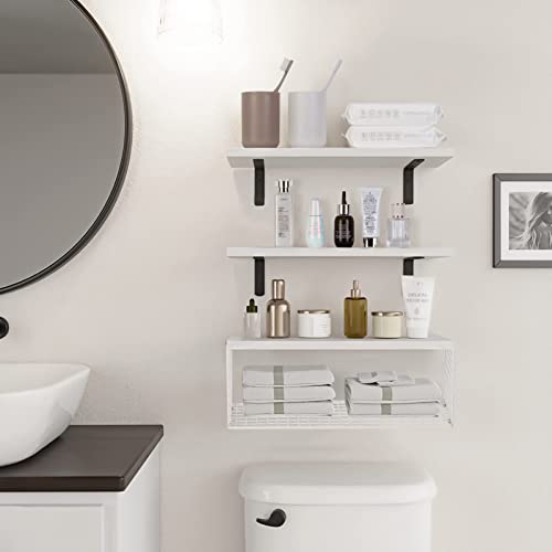 Homcytop Floating Shelves Wall Mounted, Bathroom Shelf Organizer Over Toilet With Paper Storage Basket, Rustic Farmhouse Wall Shelves Brackets For Wall Decor, Kitchen, Bedroom, Living Room (White) #TOP1