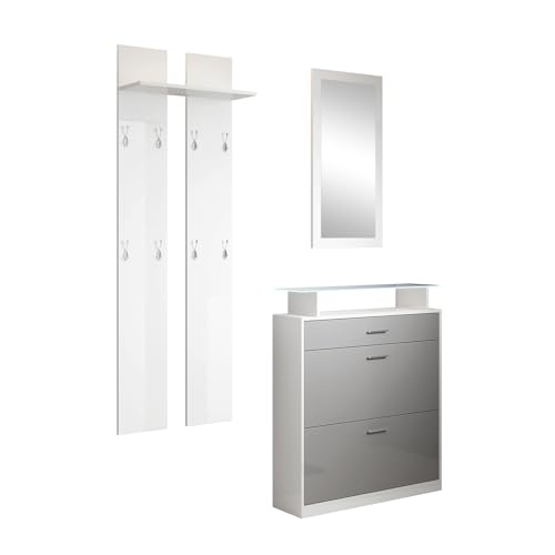 MB Muebles Bonitos, Conjunto Recibidor Paola Set con Zapatero, Espejo, Perchero, Luz LED, Diseño Moderno, Melamina Brillo, Color Blanco y Gris