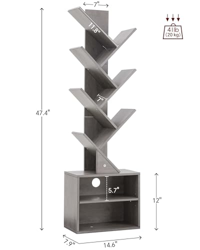 SUNMORY 6 Tier Tree Bookshelf, Tall Bookcase with Storage Cabinet, Modern Narrow Bookshelves Organizer, Floor Standing Book Shelf for Bedroom/Living Room/Home Office/Corner, Grey