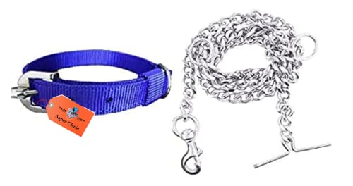 Image of Dog Belt Combo of Nylon Collar with Heavy Dog Chain 63 Inch Dog Collar Chain (Medium, Blue)