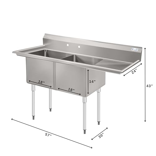 Image of KoolMore 57 in. 16-Gauge 2-Compartment Commercial Sink with 18 in. Right drainboard, Bowl Dimensions 18 inchx18 inchx14 inch in Stainless-Steel (KM-SB181814-18R316)