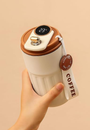 Image of Coffee Tumbler with Digital Temperature Display, 460 ml, 316 Stainless Steel, Vacuum Insulated, Leak-Proof Lid, Travel Mug, White Brown