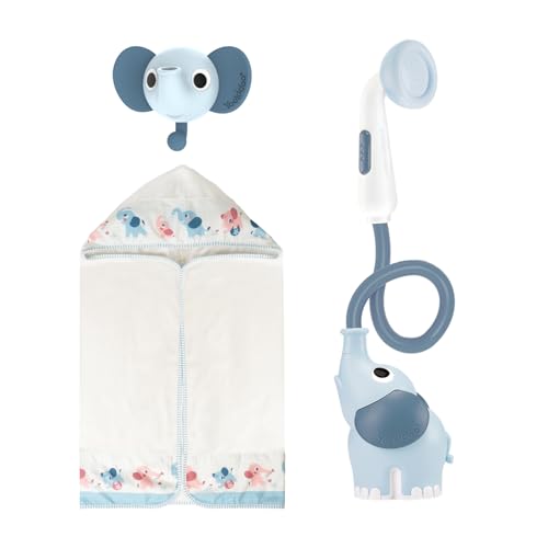 Image of Yookidoo Baby Bath Elephant Shower Head Gift Set - Includes Hooded Towel & Hanger - Control Water from 2 Elephant Trunk Knobs for Max Fun in Tub or Sink Newborns, Toddlers, Boys, Girls (Cloudy Blue)