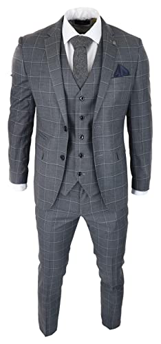 Mens Grey Check 3 Piece Suit Vintage Retro Smart Wedding Classic Tailored Fit Light
