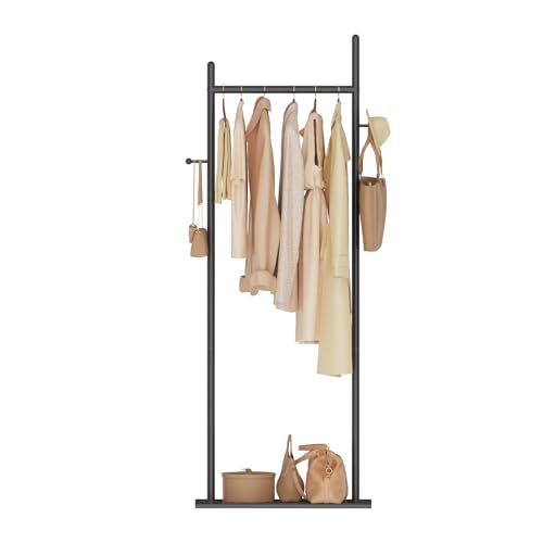 GUOHNHE Stabil Metall Garderobenständer, Große Freistehend Kleiderbügel Stand mit Rock Slab Base und 2 Haken, Modern Kleiderständer, Kleiderstange, 50 x 30 x 175 cm, Schwarz, GYJ302MB