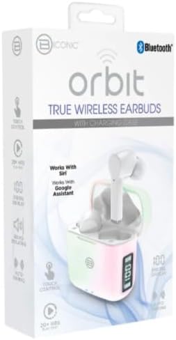 Retail packaging for BYTECH Orbit True Wireless Earbuds, highlighting features like touch control and Google Assistant compatibility.