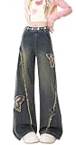 Y2K Baggy Ripped Jeans for Women – Wide Leg Butterfly Print & Star Patch Distressed Denim Pants High Waist Streetwear (US, Alpha, Small, Regular, Regular, Blue7)