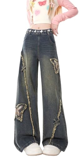 Y2K Baggy Ripped Jeans for Women – Wide Leg Butterfly Print & Star Patch Distressed Denim Pants High Waist Streetwear (US, Alpha, Small, Regular, Regular, Blue7)