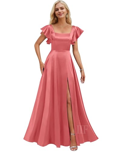 Image of IIF Short Sleeve Bridesmaid Dresses with Pockets Square Neck A-Line Satin Prom Gown Dress for Women with Slit IIF134