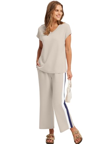Image of Saloogoe Two Piece Sets for Women Summer Outfits Lounge Sets V Neck Tops Wide Leg Pants Woman Vacation Travel Outfits