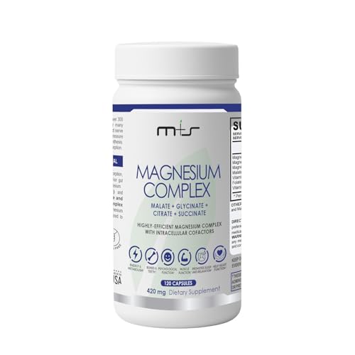 M+S Magnesium Complex Supplement – 420 mg Magnesium Glycinate, Citrate, Malate & Succinate with Taurine, B6, B12 & Folic Acid – High Absorption Magnesium Capsules – Vegan, Non-GMO – 120 Capsules