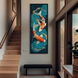 Tableau vertical poissons koi bleu sarcelle et or pour mur