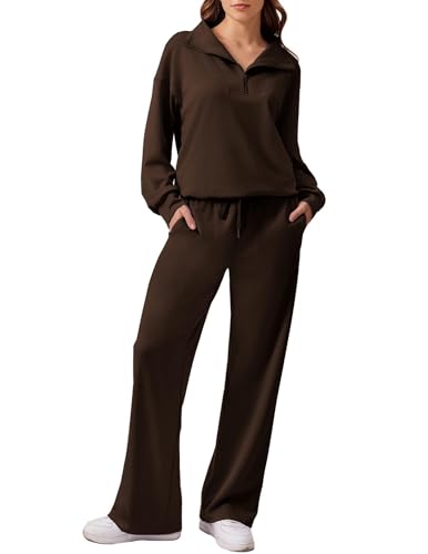 PINSPARK Trainingsanzug Damen Jogginganzug Set Hausanzug Zweiteiler Streatwear Freizeitanzug Halbem Reißverschluss Tracksuits und Jogginghose mit Kordelzug Braun L PINSPARK Trainingsanzug Damen Jogginganzug Set Hausanzug Zweiteiler Streatwear Freizeitanzug Halbem Reißverschluss Tracksuits und Jogginghose mit Kordelzug Braun L