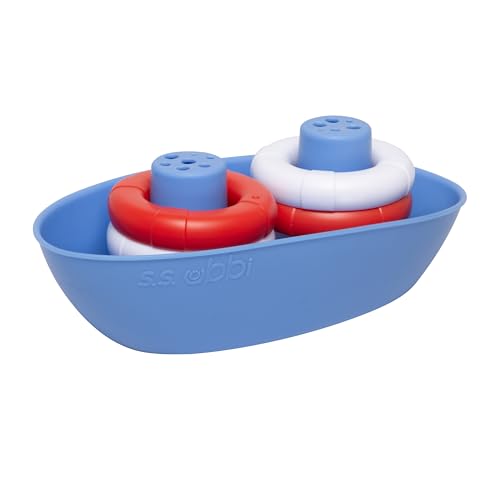 Ubbi Brinquedo de banho de barco e boya, brinquedos de banho de silicone para crianças, anéis empilháveis interativos e efeito de chuva, brinquedos de aprendizagem e desenvolvimento para bebé, apto