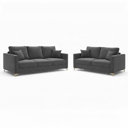 Image of Rich Velvet Suede Sofa | Spacious Soft Touch Comfort Seating | Modern Sofa for Living Room (Dark Grey, Hayes, 3 + 2 Seater Sofa + Ottoman)